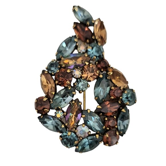 Weiss Gold Tone Blue Brown Paisley Cluster Statement Brooch, Signed M177